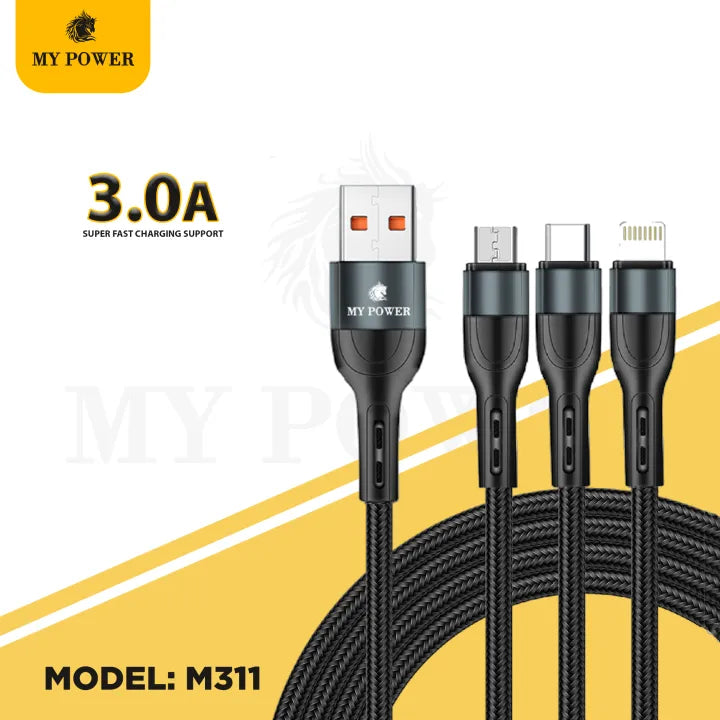 MY Power 3 in 1 Multi Charging Cable Compatible USB to Type c , USB to Micro, USB to Lightning, m311